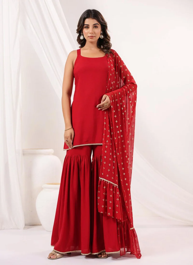ZERESOUQ Red Rayon Straight Solid 3-Piece Sharara Set